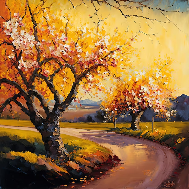 Photo a painting of a road with trees in the foreground and the sun shining on the right.