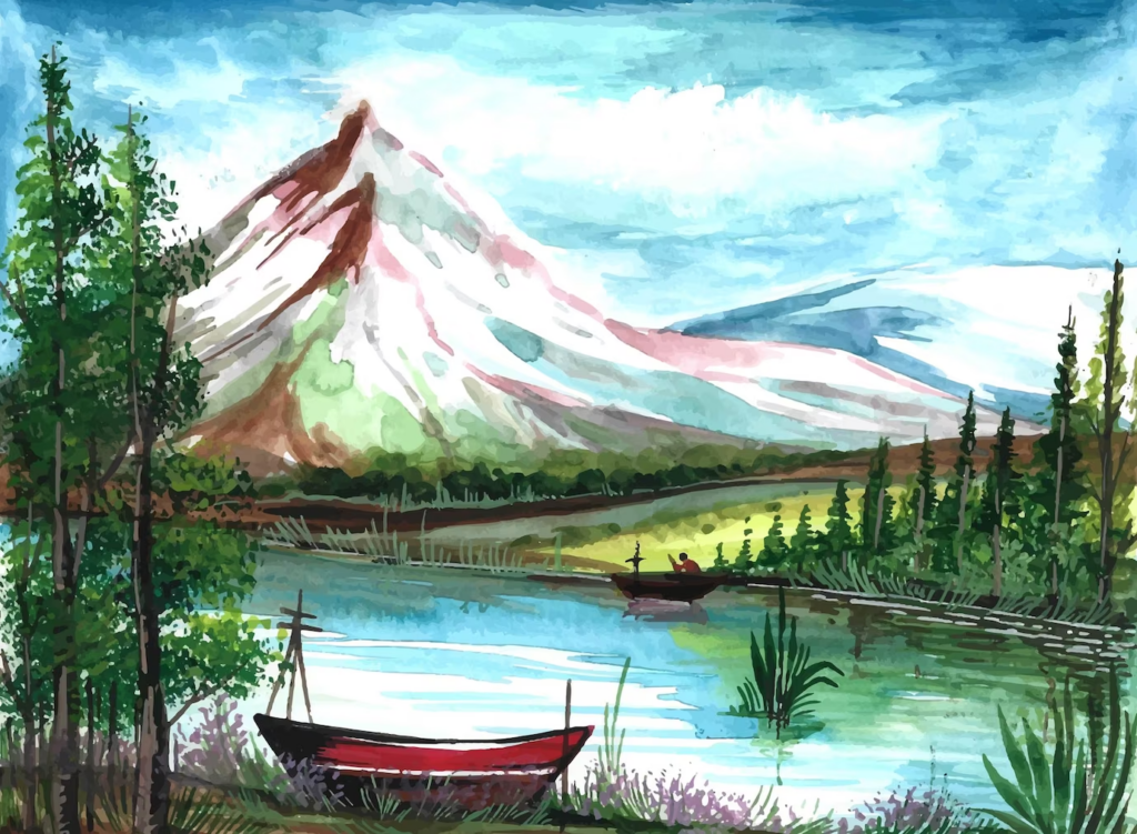 hand draw spring landscape scene watercolor background